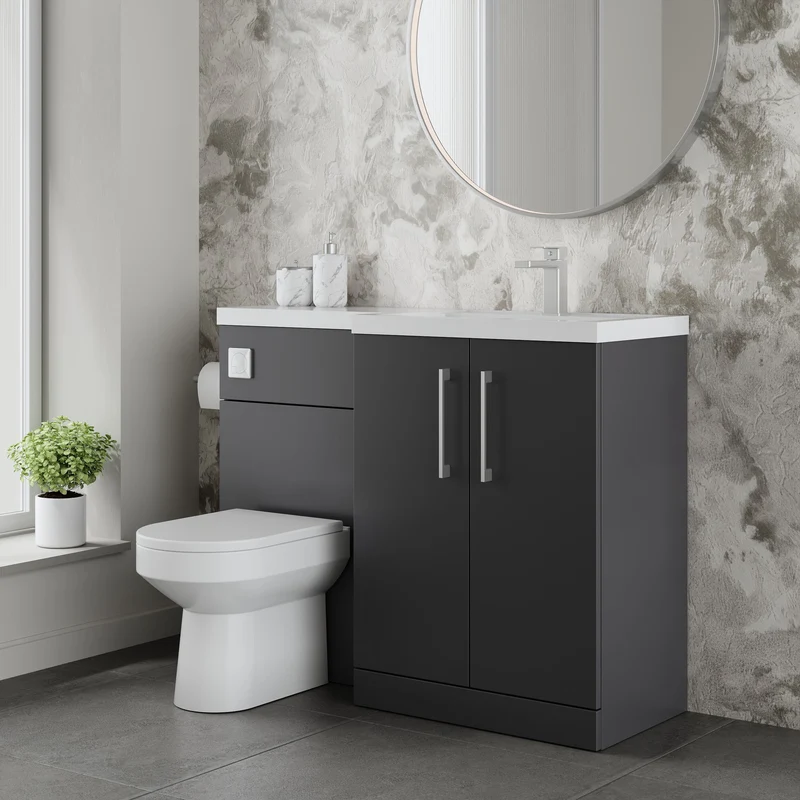 Lana 1100mm Basin & WC Combination Unit With White Polymarble Basin Right Hand - Soft Black Satin