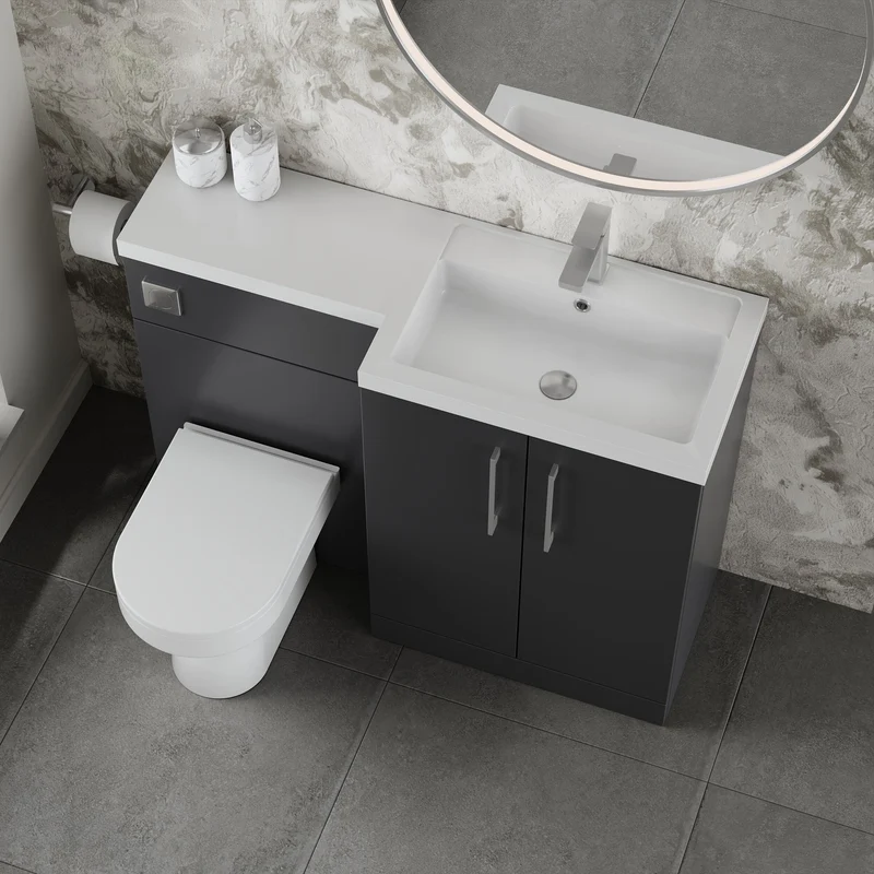 Lana 1100mm Basin & WC Combination Unit With White Polymarble Basin Right Hand - Soft Black Satin