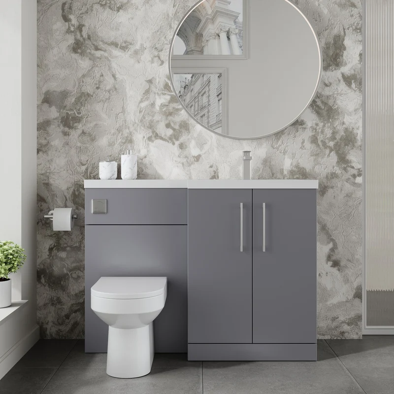 Lana 1100mm Basin & WC Combination Unit With White Polymarble Basin Right Hand - Grey Satin