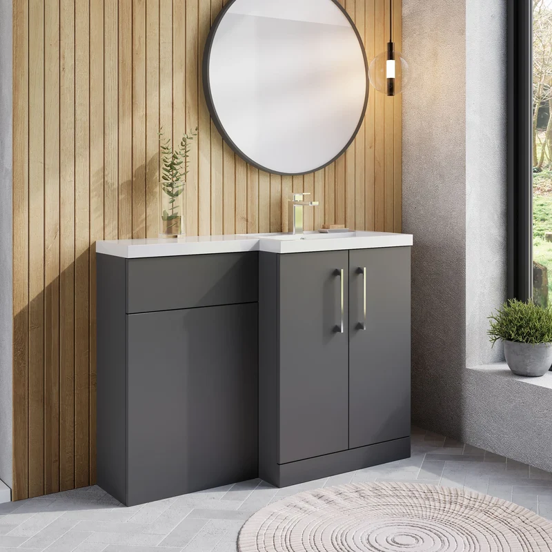 Lana 1100mm Basin & WC Combination Unit With White Polymarble Basin Right Hand - Grey Satin