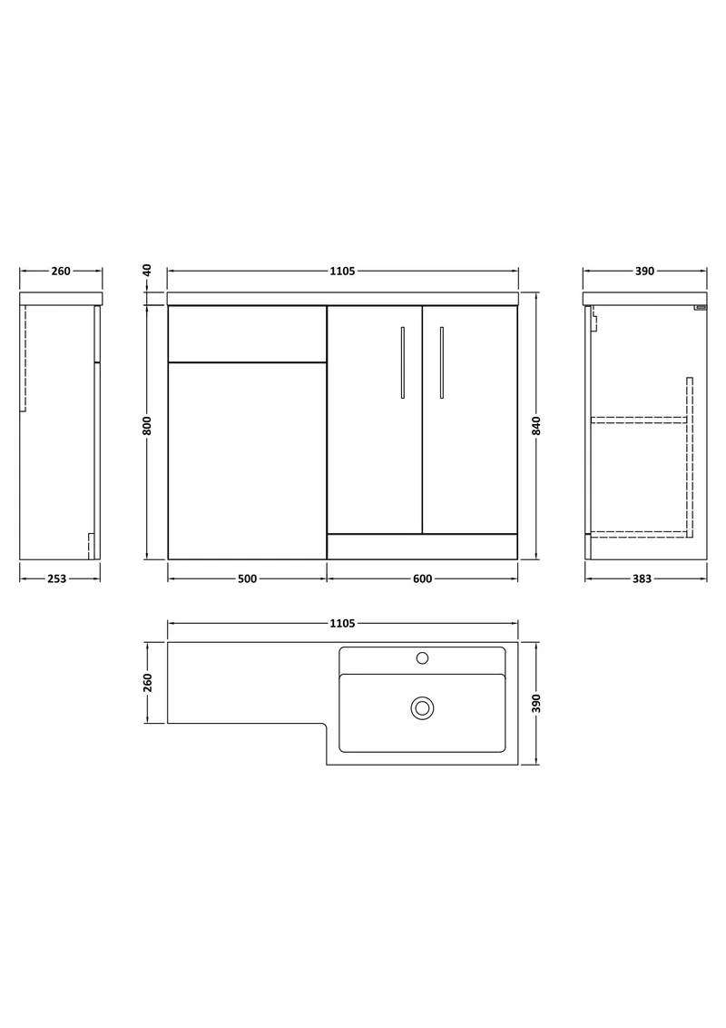 Lana 1100mm Basin & WC Combination Unit With White Polymarble Basin Right Hand - Grey Satin