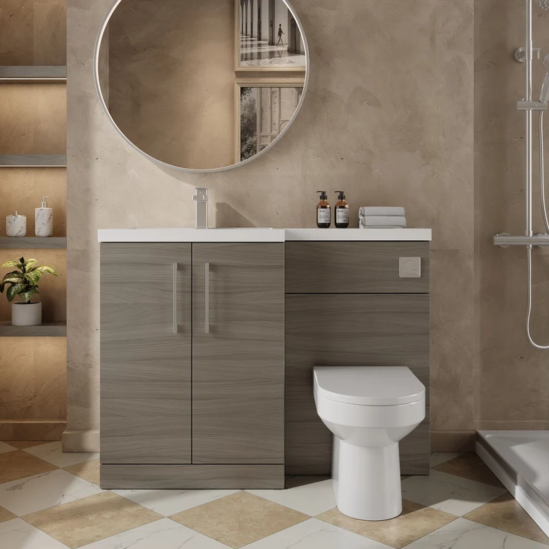 Lana 1100mm Basin & WC Combination Unit With White Polymarble Basin Left Hand - Solace Oak Woodgrain
