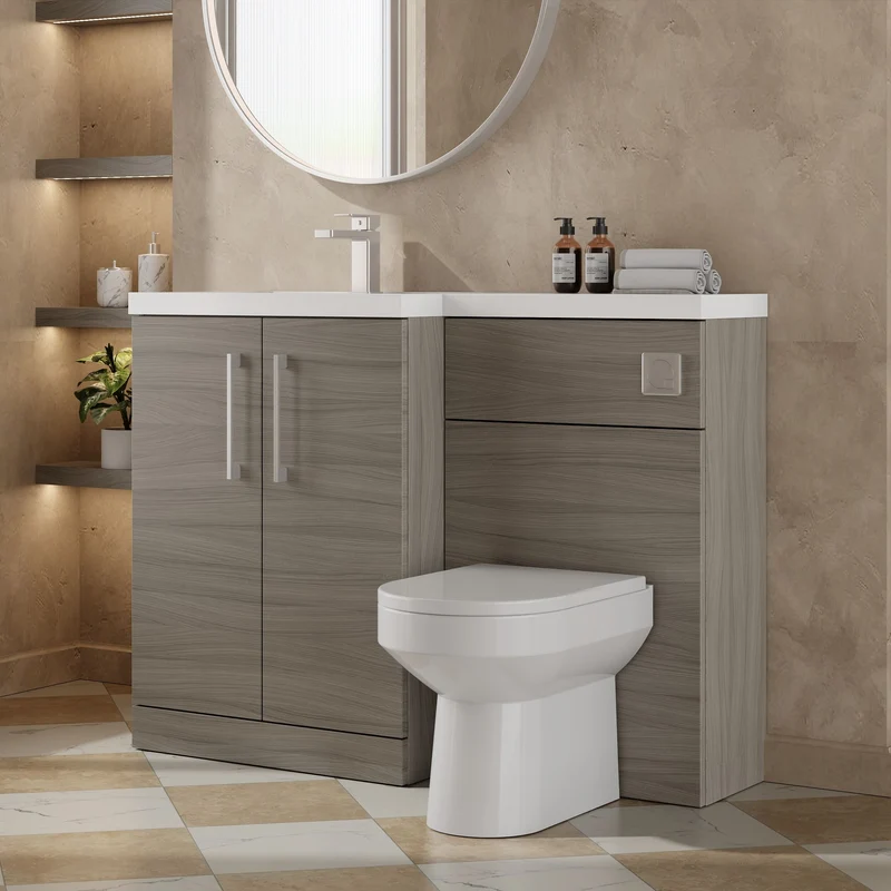Lana 1100mm Basin & WC Combination Unit With White Polymarble Basin Left Hand - Solace Oak Woodgrain