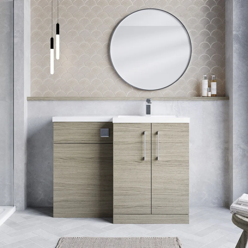 Lana 1100mm Basin & WC Combination Unit With White Polymarble Basin Right Hand - Solace Oak Woodgrain