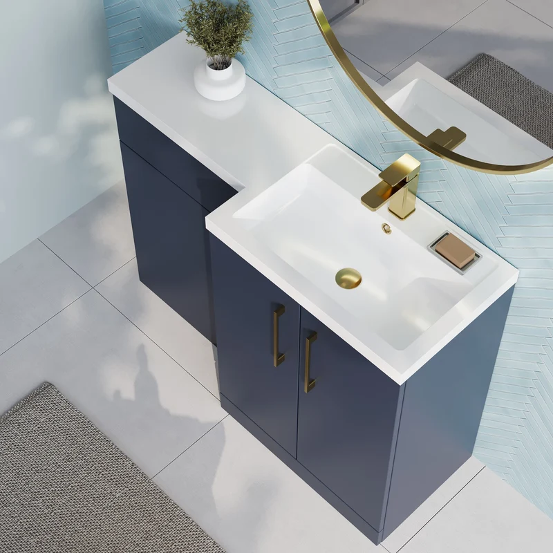 Lana 1100mm Basin & WC Combination Unit With White Polymarble Basin Right Hand - Midnight Blue Satin