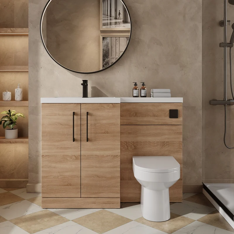 Lana 1100mm Basin & WC Combination Unit With White Polymarble Basin Left Hand - Bleached Oak Woodgrain