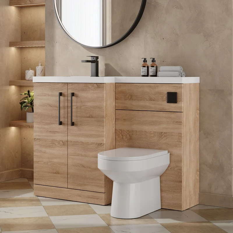 Lana 1100mm Basin & WC Combination Unit With White Polymarble Basin Left Hand - Bleached Oak Woodgrain