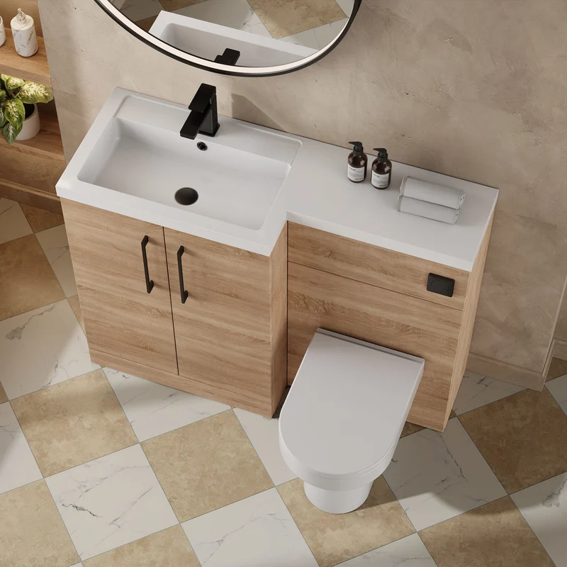 Lana 1100mm Basin & WC Combination Unit With White Polymarble Basin Left Hand - Bleached Oak Woodgrain