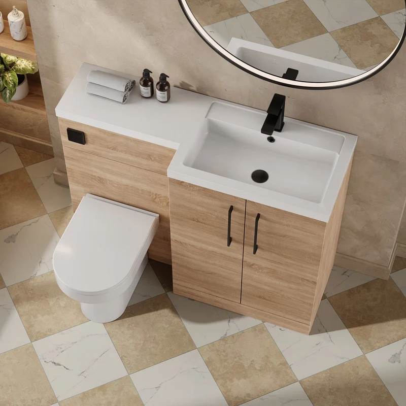 Lana 1100mm Basin & WC Combination Unit With White Polymarble Basin Right Hand - Bleached Oak Woodgrain