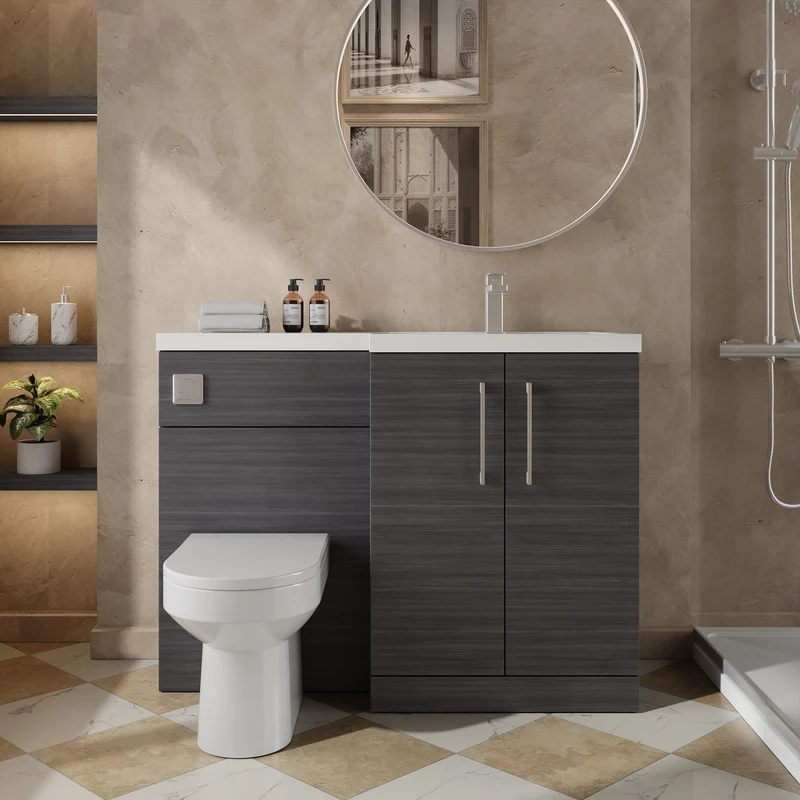 Lana 1100mm Basin & WC Combination Unit With White Polymarble Basin Right Hand - Anthracite Woodgrain