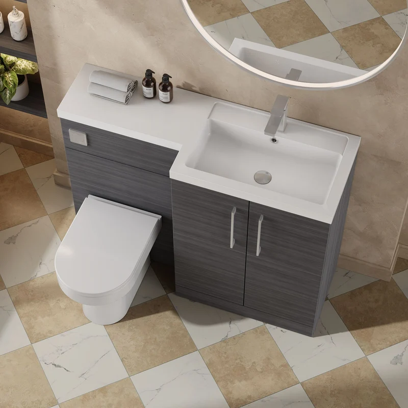 Lana 1100mm Basin & WC Combination Unit With White Polymarble Basin Right Hand - Anthracite Woodgrain