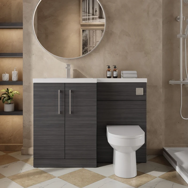 Lana 1100mm Basin & WC Combination Unit With White Polymarble Basin Left Hand - Anthracite Woodgrain