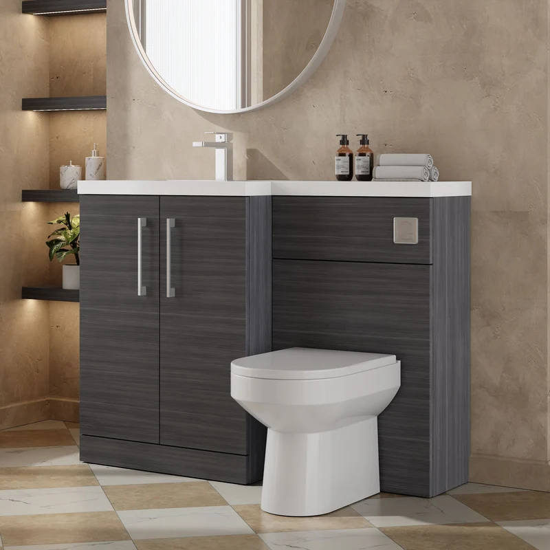 Lana 1100mm Basin & WC Combination Unit With White Polymarble Basin Left Hand - Anthracite Woodgrain