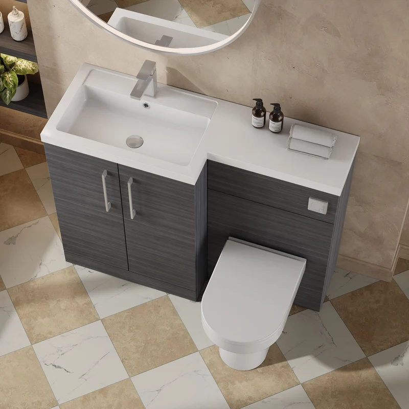 Lana 1100mm Basin & WC Combination Unit With White Polymarble Basin Left Hand - Anthracite Woodgrain