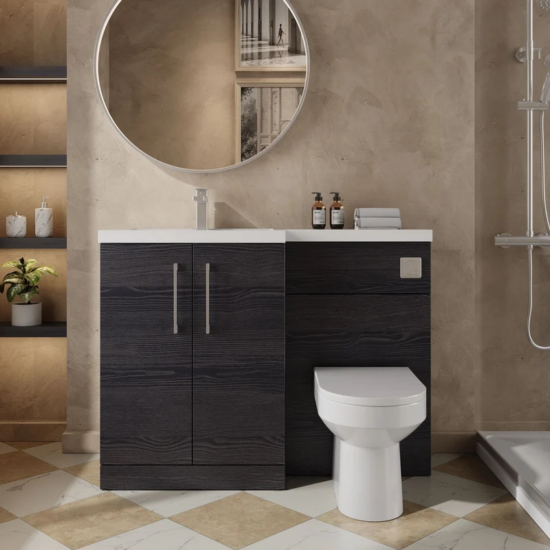 Lana 1100mm Basin & WC Combination Unit With White Polymarble Basin Left Hand - Charcoal Black Woodgrain