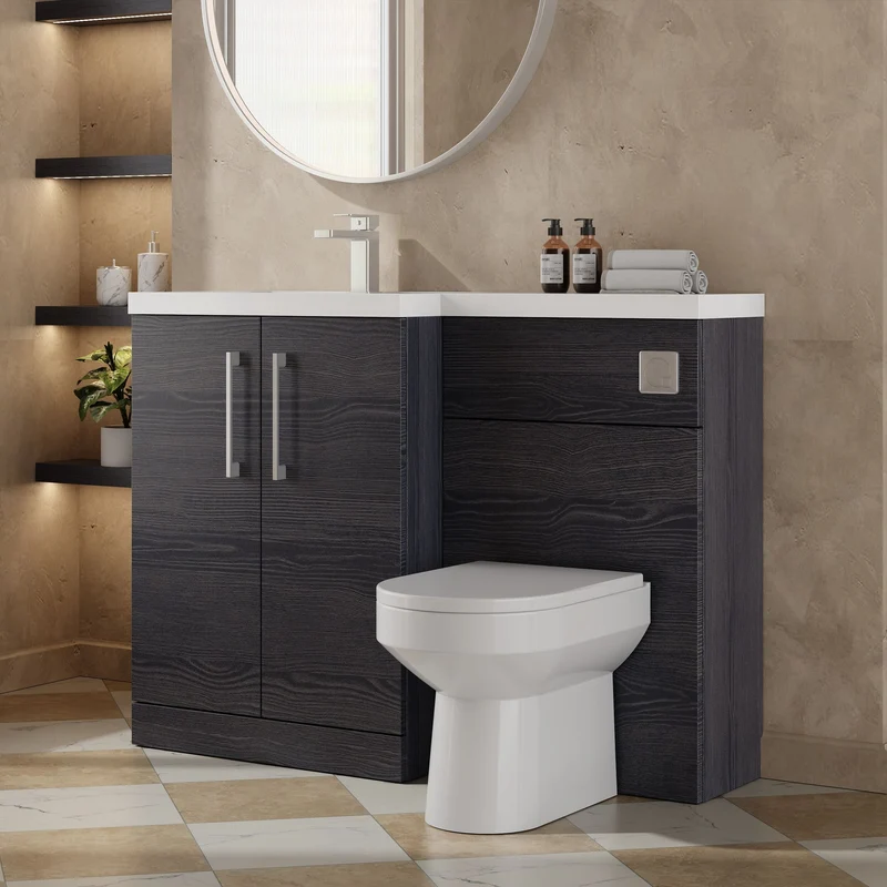 Lana 1100mm Basin & WC Combination Unit With White Polymarble Basin Left Hand - Charcoal Black Woodgrain