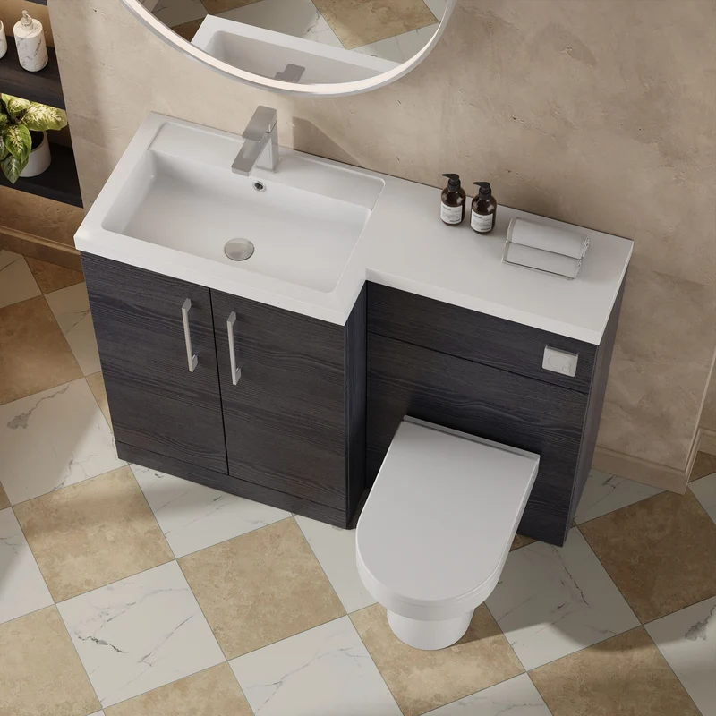Lana 1100mm Basin & WC Combination Unit With White Polymarble Basin Left Hand - Charcoal Black Woodgrain