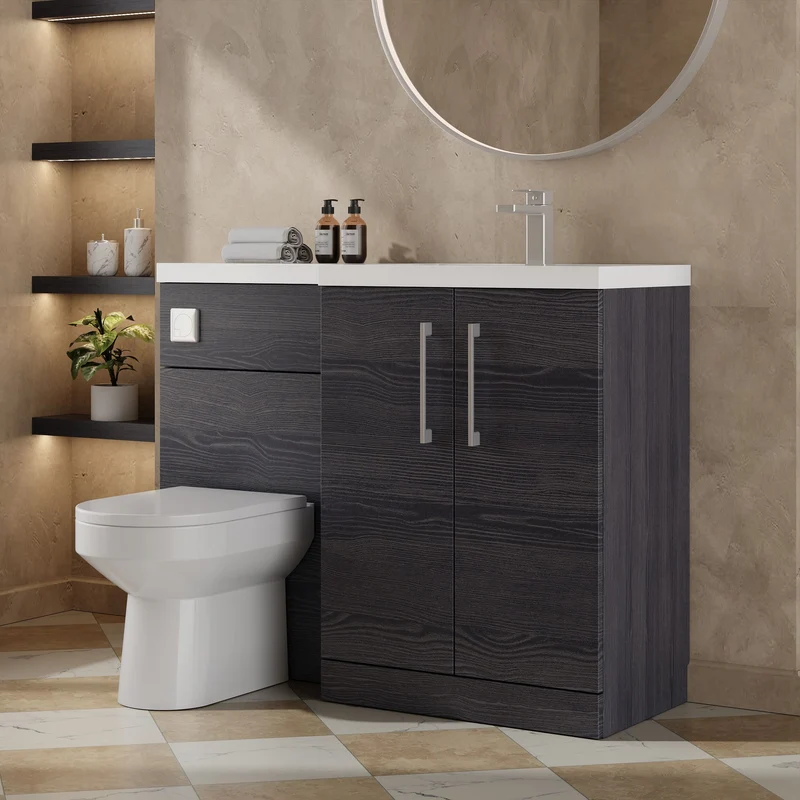 Lana 1100mm Basin & WC Combination Unit With White Polymarble Basin Right Hand - Charcoal Black Woodgrain