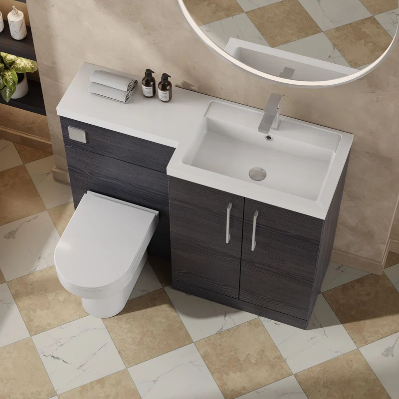 Lana 1100mm Basin & WC Combination Unit With White Polymarble Basin Right Hand - Charcoal Black Woodgrain
