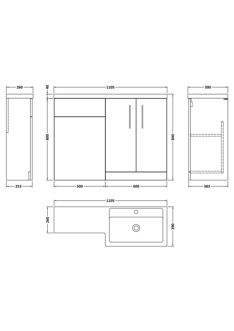 Lana 1100mm Basin & WC Combination Unit With White Polymarble Basin Right Hand - Charcoal Black Woodgrain