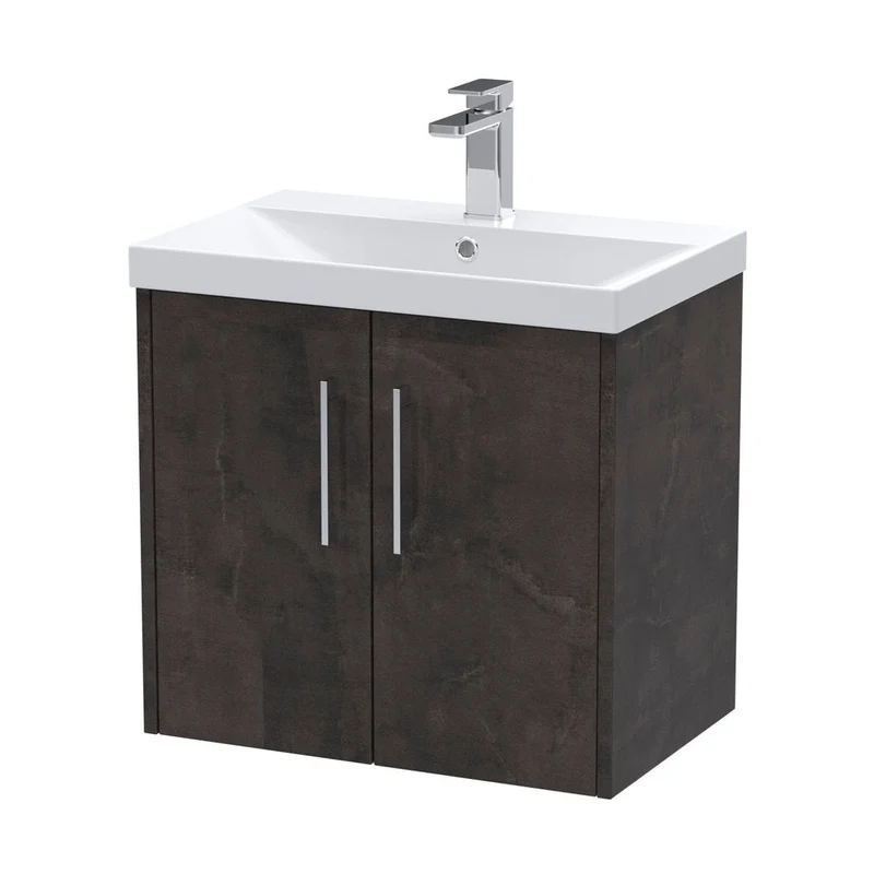 Hudson Reed Juno 600mm Wall Hung 2 Door Vanity & Basin 3 Contemp Metallic Slate MFC Textured Matt 589x610x395mm