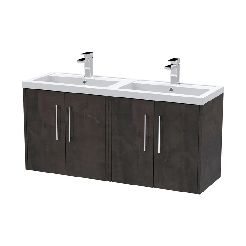 Hudson Reed Juno 1200mm Wall Hung 4 Door Vanity & Double Basin Contemp Metallic Slate MFC Textured Matt 539x1205x390mm - JNU2623C