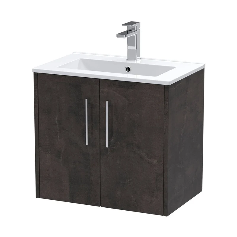Hudson Reed Juno 600mm Wall Hung 2 Door Vanity & Basin 2 Contemp Metallic Slate MFC Textured Matt 557x600x390mm