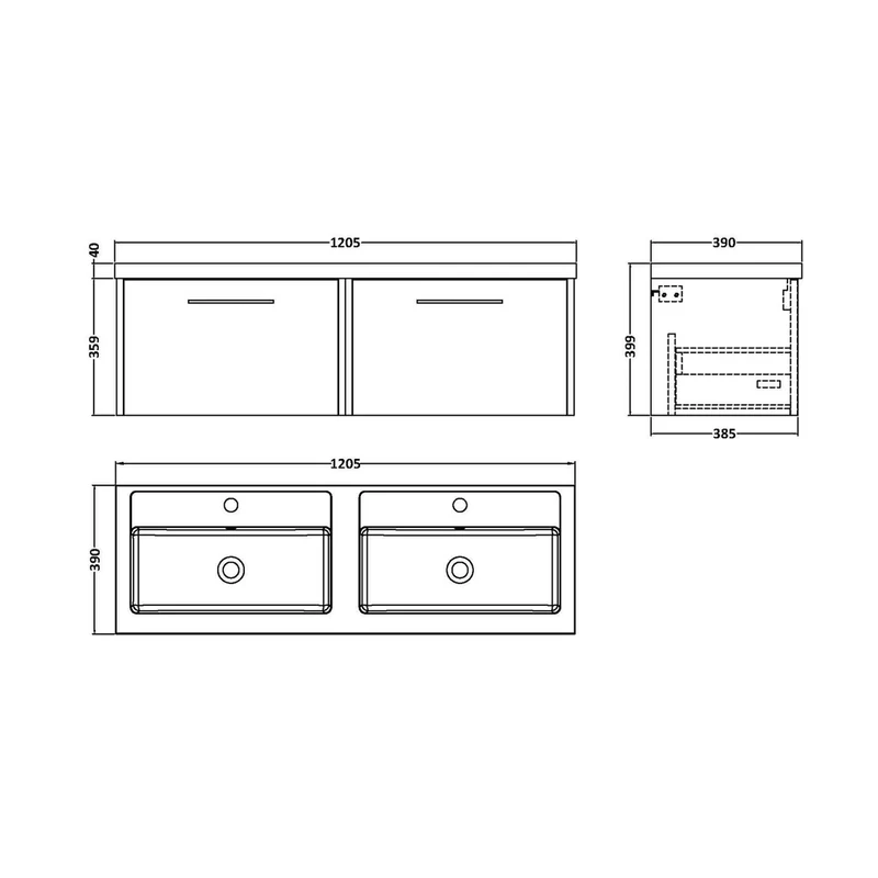 Hudson Reed Juno 1200mm Wall Hung 2 Drawer Vanity & Double Basin Contemp Metallic Slate MFC Textured Matt 359x1205x390mm - JNU2622C