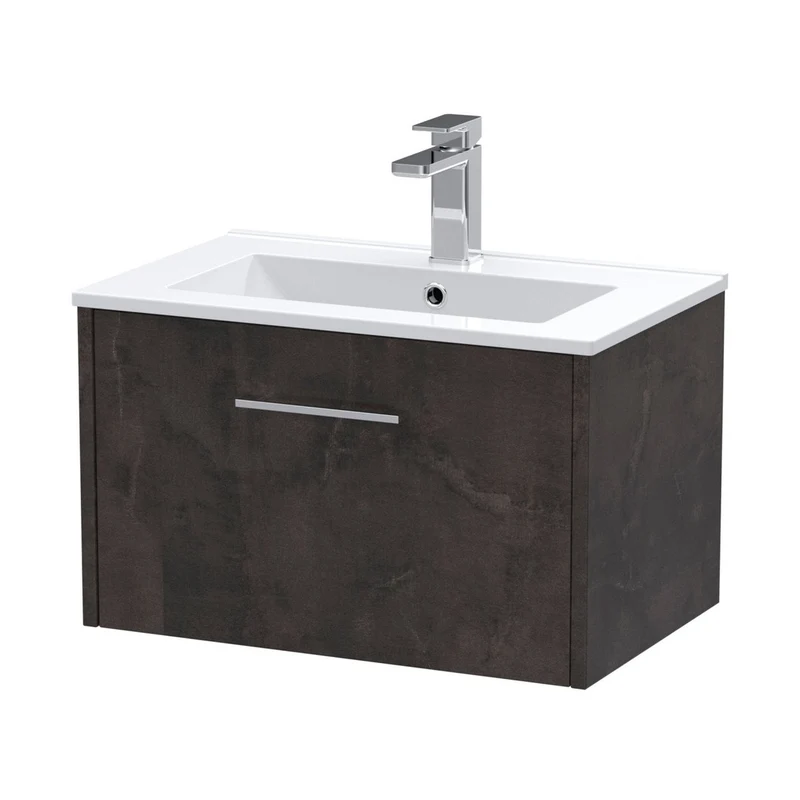 Hudson Reed Juno 600mm Wall Hung 1 Drawer Vanity & Basin 2 Contemp Metallic Slate MFC Textured Matt 377x600x390mm