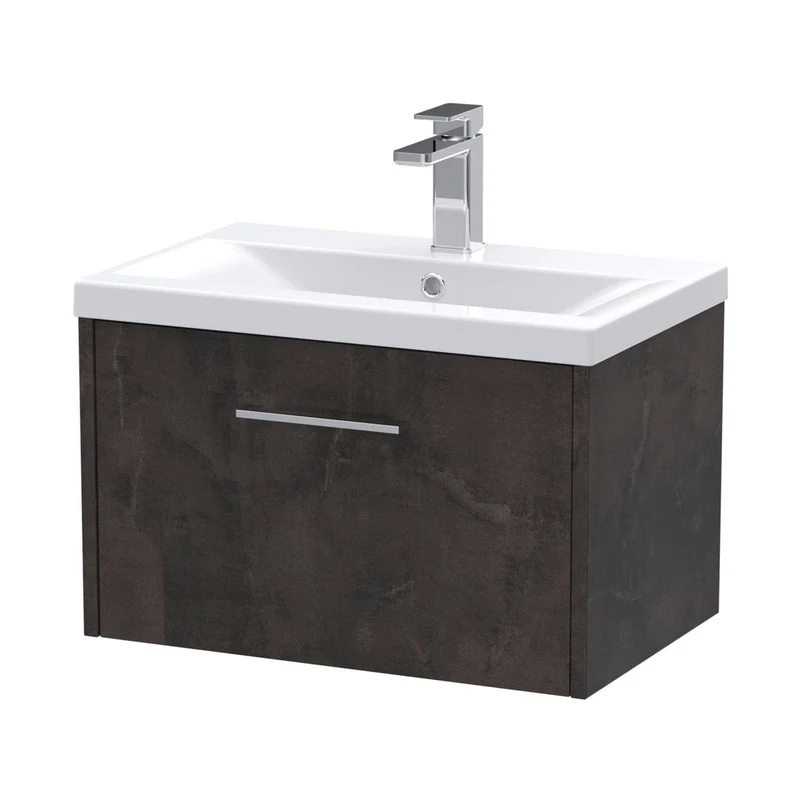 Hudson Reed Juno 600mm Wall Hung 1 Drawer Vanity & Basin 1 Contemp Metallic Slate MFC Textured Matt 399x610x390mm