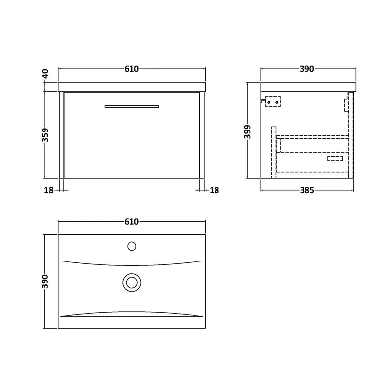 Hudson Reed Juno 600mm Wall Hung 1 Drawer Vanity & Basin 1 Contemp Metallic Slate MFC Textured Matt 399x610x390mm