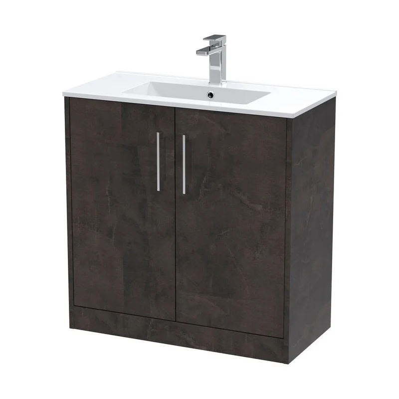 Hudson Reed Juno 800mm Floor Standing 2 Door Vanity & Basin 2 Contemp Metallic Slate MFC Textured Matt 818x800x390mm