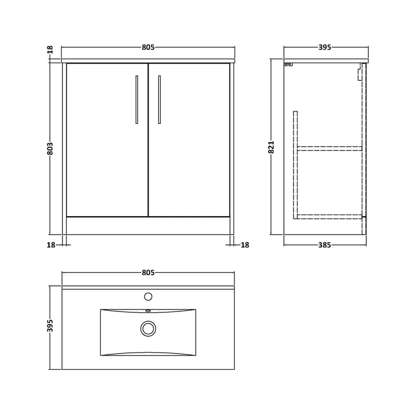Hudson Reed Juno 800mm Floor Standing 2 Door Vanity & Basin 2 Contemp Metallic Slate MFC Textured Matt 818x800x390mm
