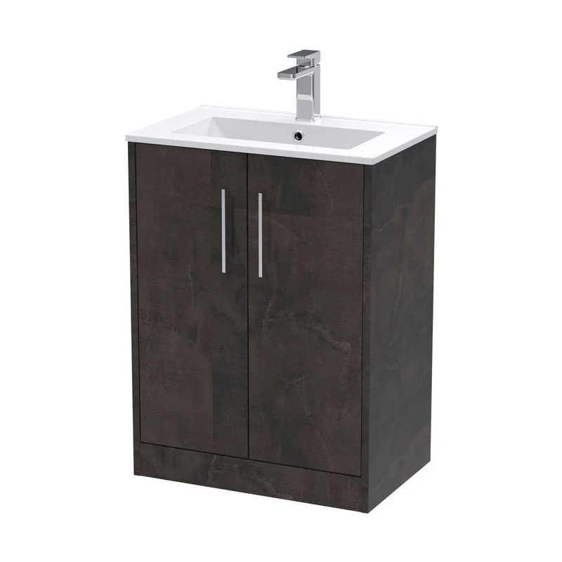 Hudson Reed Juno 600mm Floor Standing 2 Door Vanity & Basin 2 Contemp Metallic Slate MFC Textured Matt 821x600x390mm