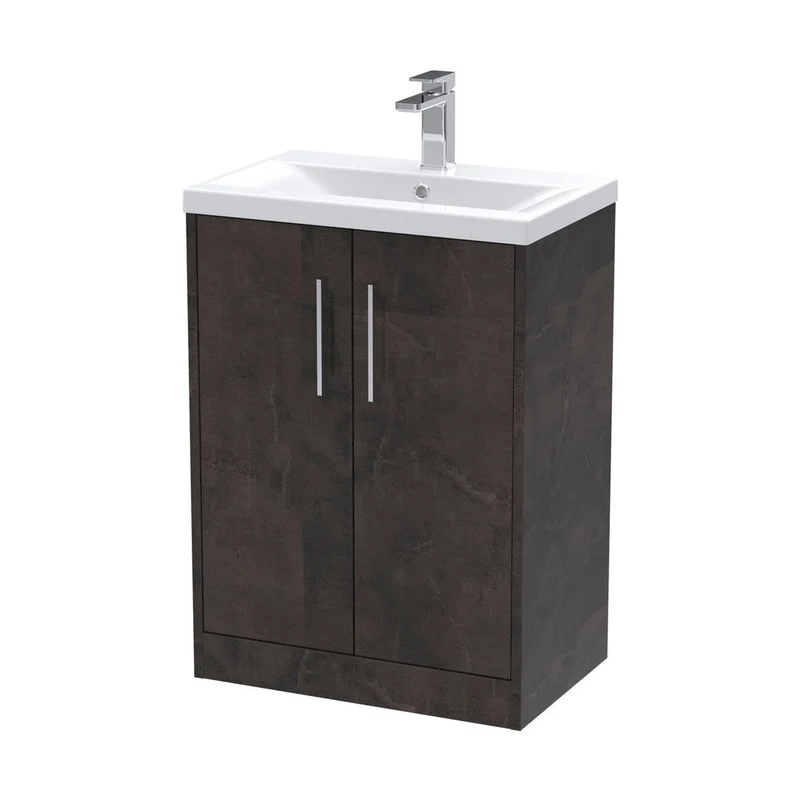 Hudson Reed Juno 600mm Floor Standing 2 Door Vanity & Basin 1 Contemp Metallic Slate MFC Textured Matt 843x610x390mm