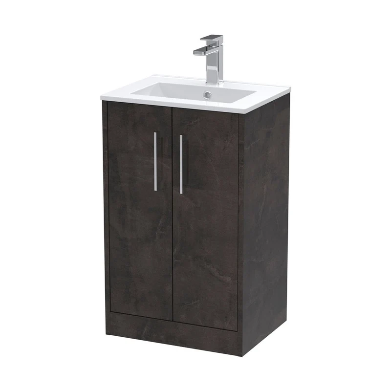 Hudson Reed Juno 500mm Floor Standing 2 Door Vanity & Basin 2 Contemp Metallic Slate MFC Textured Matt 821x500x390mm