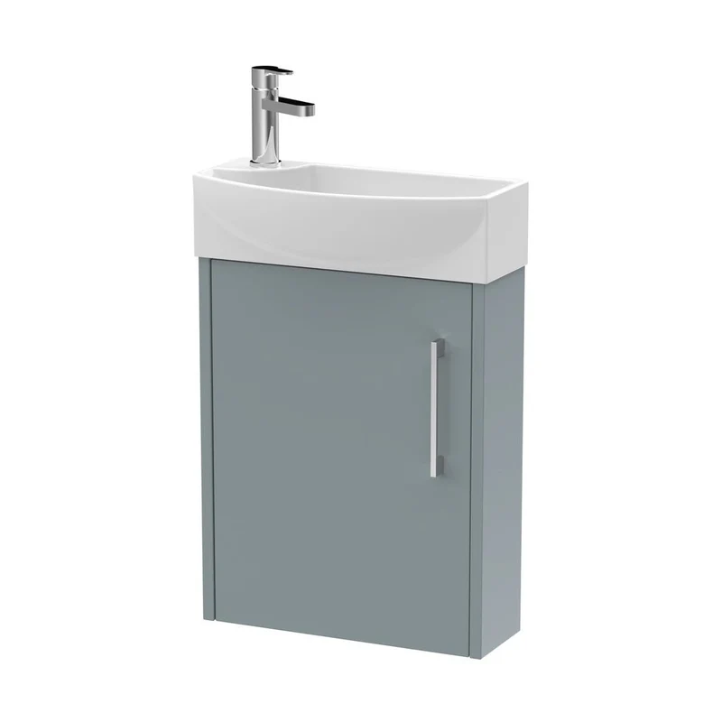 Hudson Reed Juno Compact 440mm Wall Hung 1 Door Unit & 1th Basin Rh Contemp Coastal Grey MFC Smooth Matt 479x450x220mm