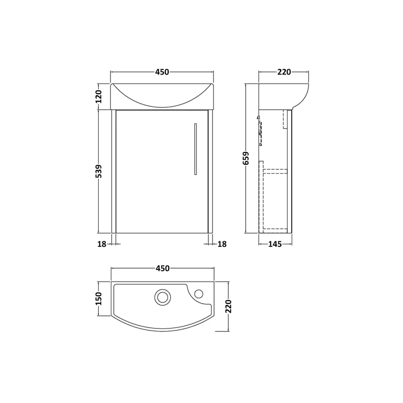 Hudson Reed Juno Compact 440mm Wall Hung 1 Door Unit & 1th Basin Lh Contemp Coastal Grey MFC Smooth Matt 479x450x220mm