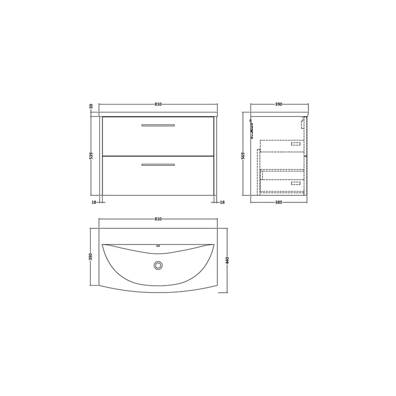 Hudson Reed Juno 800mm Wall Hung 2 Drawer Vanity & Basin 4 Contemp Coastal Grey MFC Smooth Matt 569x810x440mm