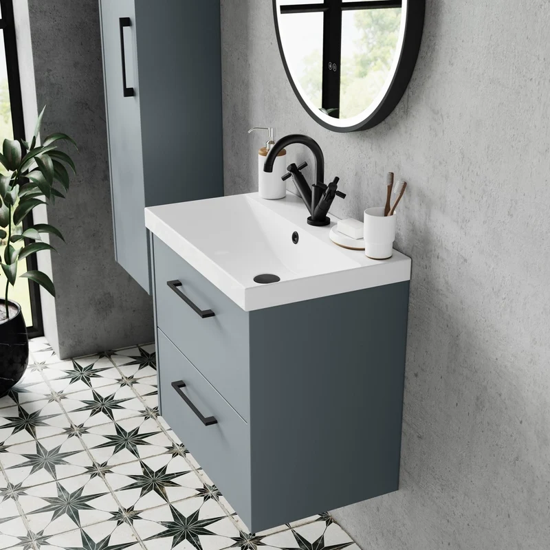 Hudson Reed Juno 800mm Wall Hung 2 Drawer Vanity & Basin 3 Contemp Coastal Grey MFC Smooth Matt 589x800x395mm