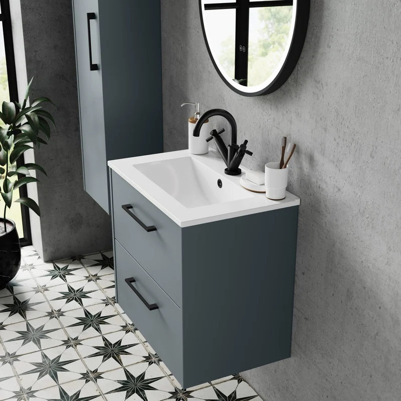 Hudson Reed Juno 800mm Wall Hung 2 Drawer Vanity & Basin 2 Contemp Coastal Grey MFC Smooth Matt 554x800x390mm