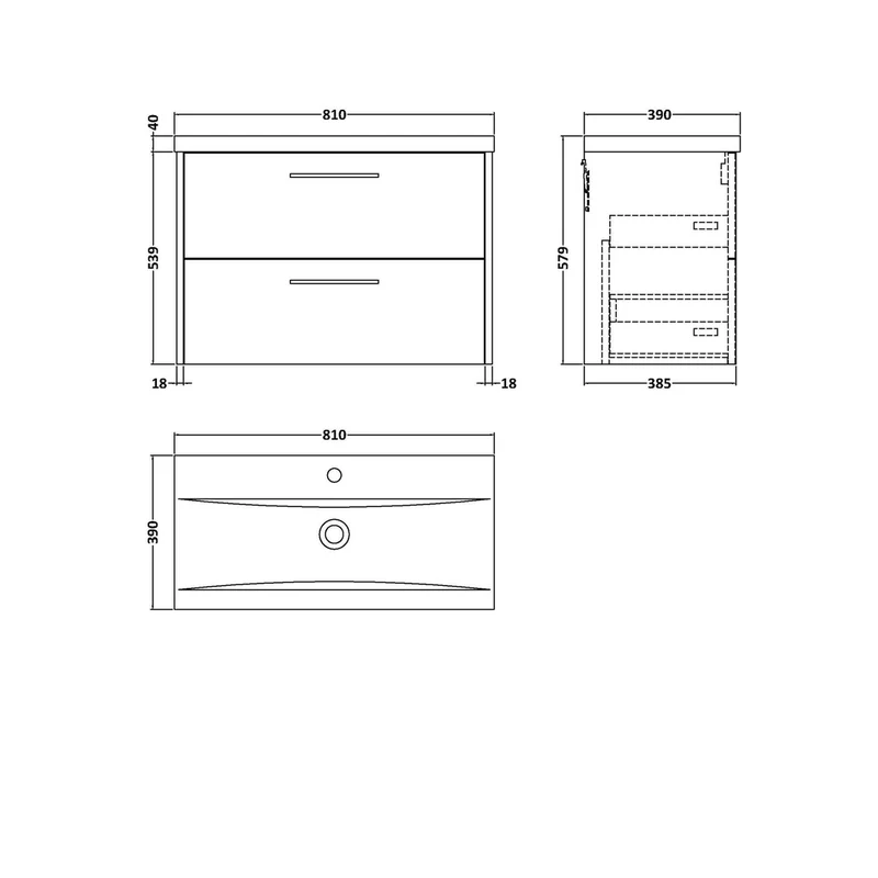 Hudson Reed Juno 800mm Wall Hung 2 Drawer Vanity & Basin 1 Contemp Coastal Grey MFC Smooth Matt 579x800x390mm