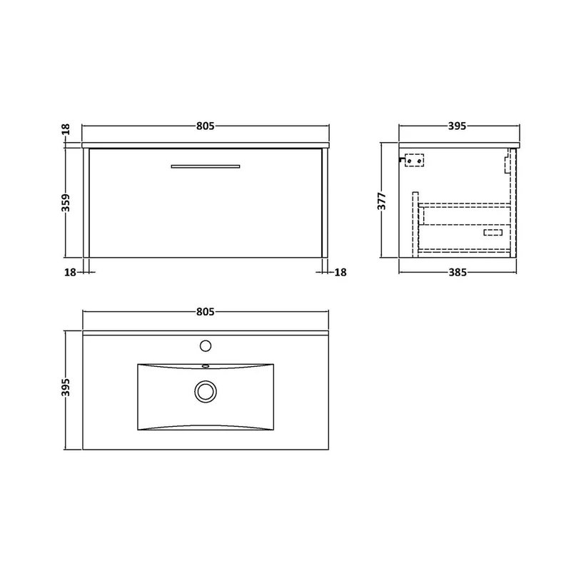 Hudson Reed Juno 800mm Wall Hung Single Drawer Vanity & Basin 2 Contemp Coastal Grey MFC Smooth Matt 374x800x390mm