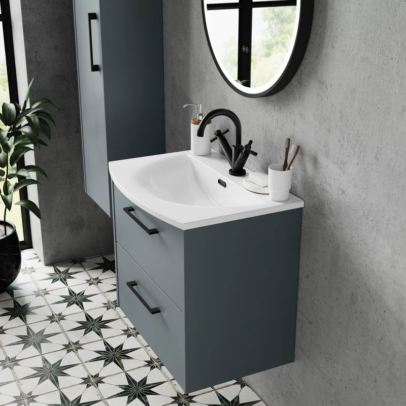 Hudson Reed Juno 600mm Wall Hung 2 Drawer Vanity & Basin 4 Contemp Coastal Grey MFC Smooth Matt 569x610x440mm