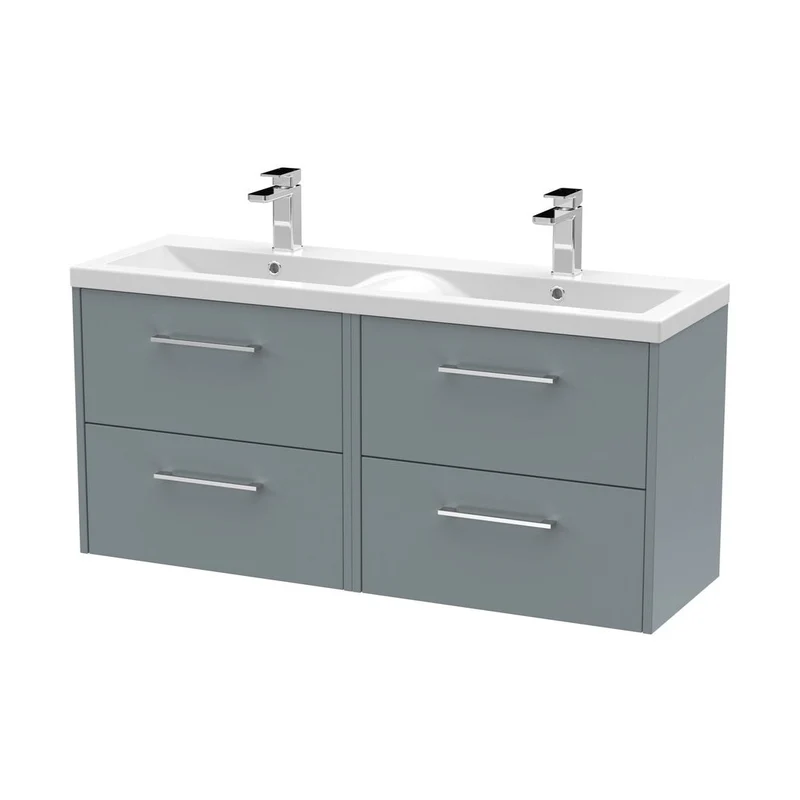 Hudson Reed Juno 1200mm Wall Hung 4 Drawer Vanity & Double Basin Contemp Coastal Grey MFC Smooth Matt 539x1205x390mm - JNU2324F