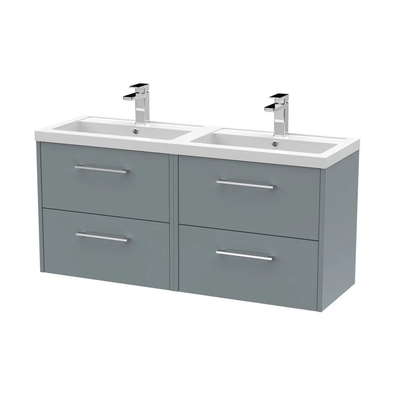 Hudson Reed Juno 1200mm Wall Hung 4 Drawer Vanity & Double Basin Contemp Coastal Grey MFC Smooth Matt 539x1205x390mm - JNU2324C