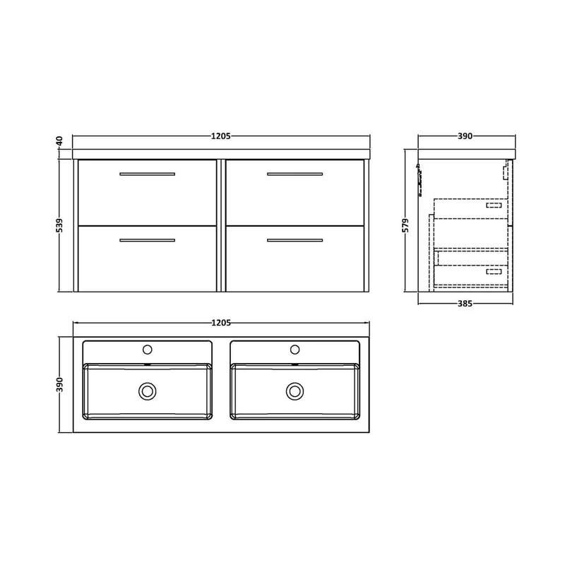 Hudson Reed Juno 1200mm Wall Hung 4 Drawer Vanity & Double Basin Contemp Coastal Grey MFC Smooth Matt 539x1205x390mm - JNU2324C