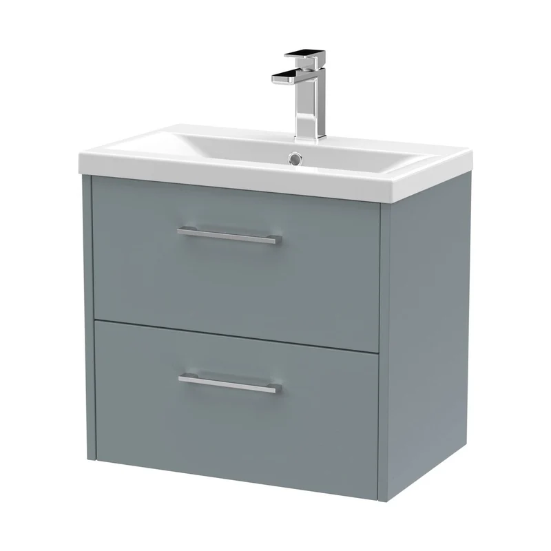 Hudson Reed Juno 600mm Wall Hung 2 Drawer Vanity & Basin 1 Contemp Coastal Grey MFC Smooth Matt 579x600x390mm