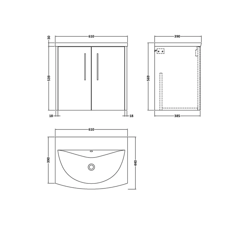 Hudson Reed Juno 600mm Wall Hung 2 Door Vanity & Basin 4 Contemp Coastal Grey MFC Smooth Matt 569x610x440mm