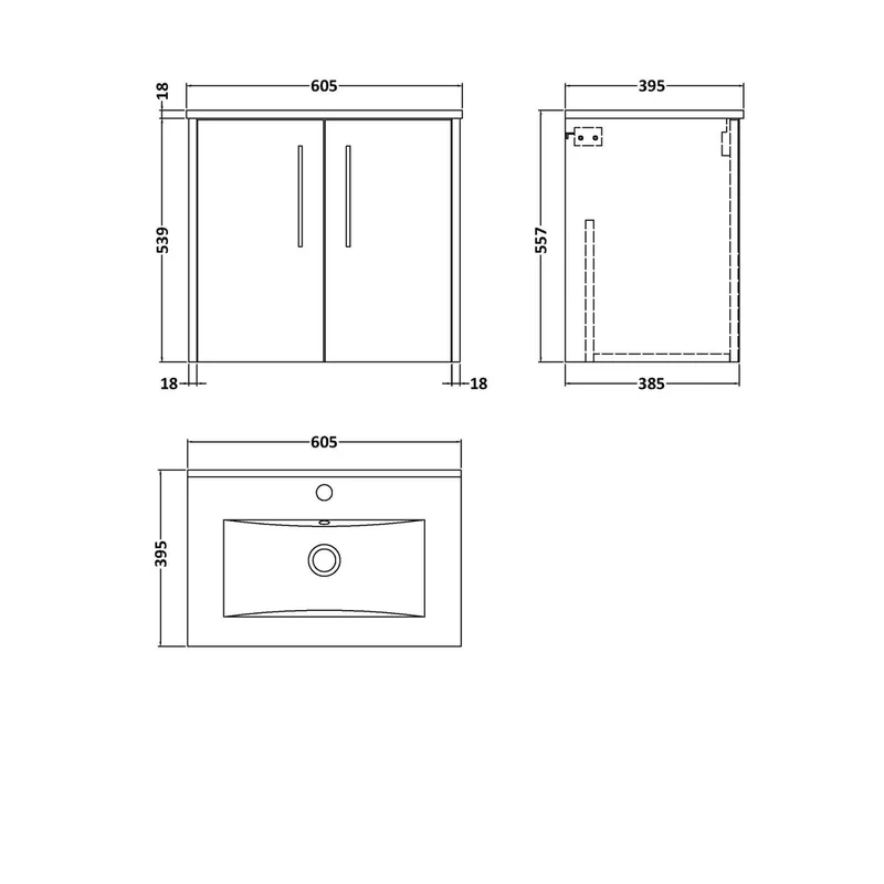 Hudson Reed Juno 600mm Wall Hung 2 Door Vanity & Basin 2 Contemp Coastal Grey MFC Smooth Matt 554x600x390mm